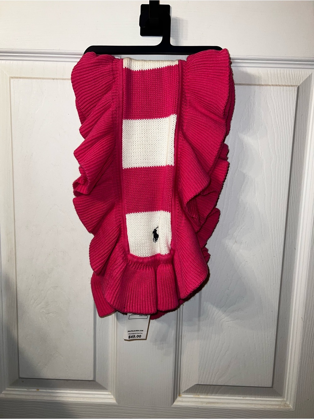 NWT RALPH LAUREN Pink White Striped Ruffle Knit Scarf Pony Logo One Size